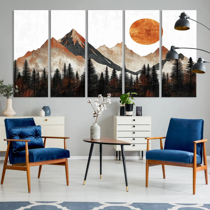 The "Modern Abstract Mountain Canvas Wall Art Print" in the living room features an abstract landscape of mountains, trees, and a warm-toned sun.