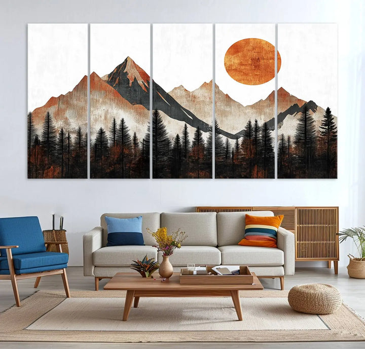 The "Modern Abstract Mountain Canvas Wall Art Print" in the living room features an abstract landscape of mountains, trees, and a warm-toned sun.