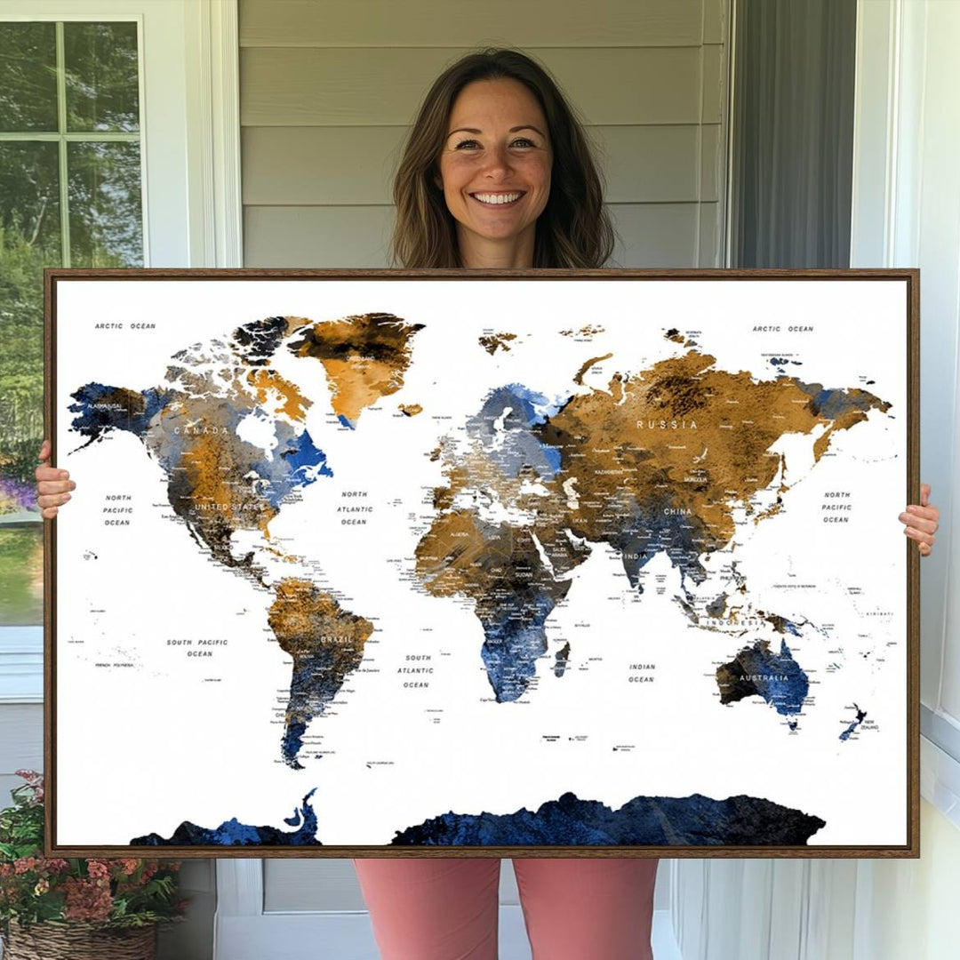 Modern Blue and Brown World Map Canvas Wall Art – Triptych Map Print – Global Decor for Living Room or Office – Ready to Hang