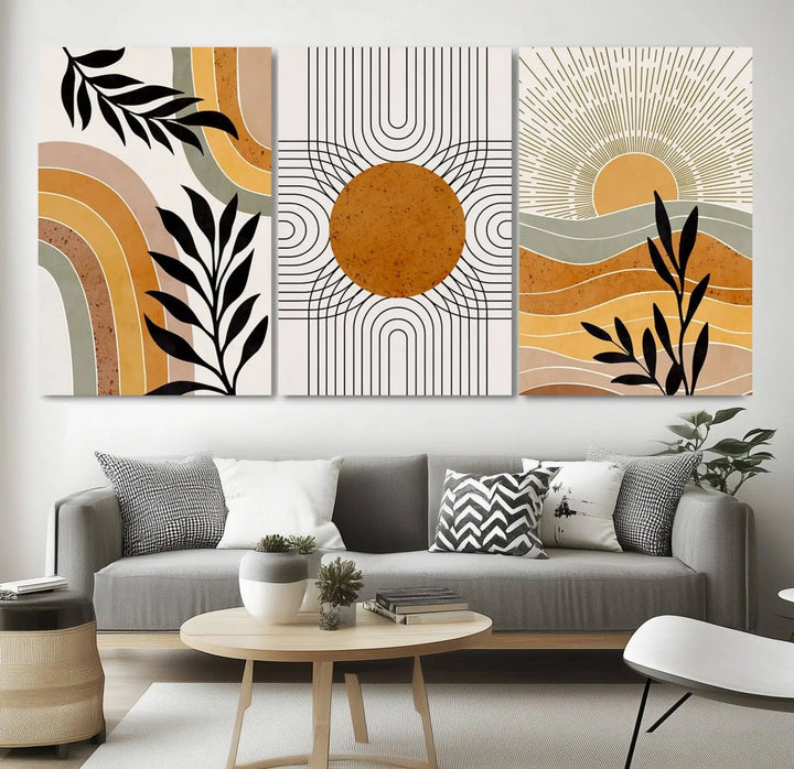 The Modern Boho Sun and Leaf Abstract Art, a 3-panel giclée canvas, elegantly graces the space. This mid-century modern or bohemian wall decor adds a touch of sophistication to the chic setting.