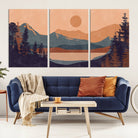 Modern Boho Sunset Canvas Print, Mountain Landscape Triptych – Giclée Canvas Art Print for Living Room, Bohemian Decor, Ready to Hang