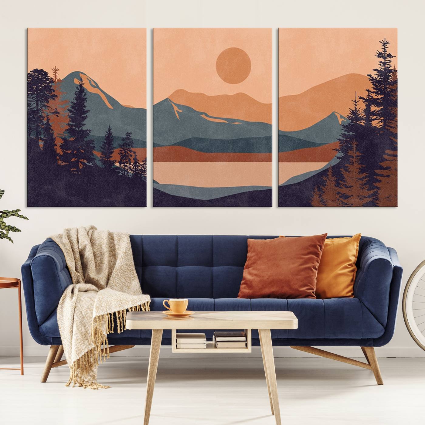 Modern Boho Sunset Canvas Print, Mountain Landscape Triptych – Giclée Canvas Art Print for Living Room, Bohemian Decor, Ready to Hang