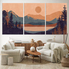 Modern Boho Sunset Canvas Print, Mountain Landscape Triptych – Giclée Canvas Art Print for Living Room, Bohemian Decor, Ready to Hang