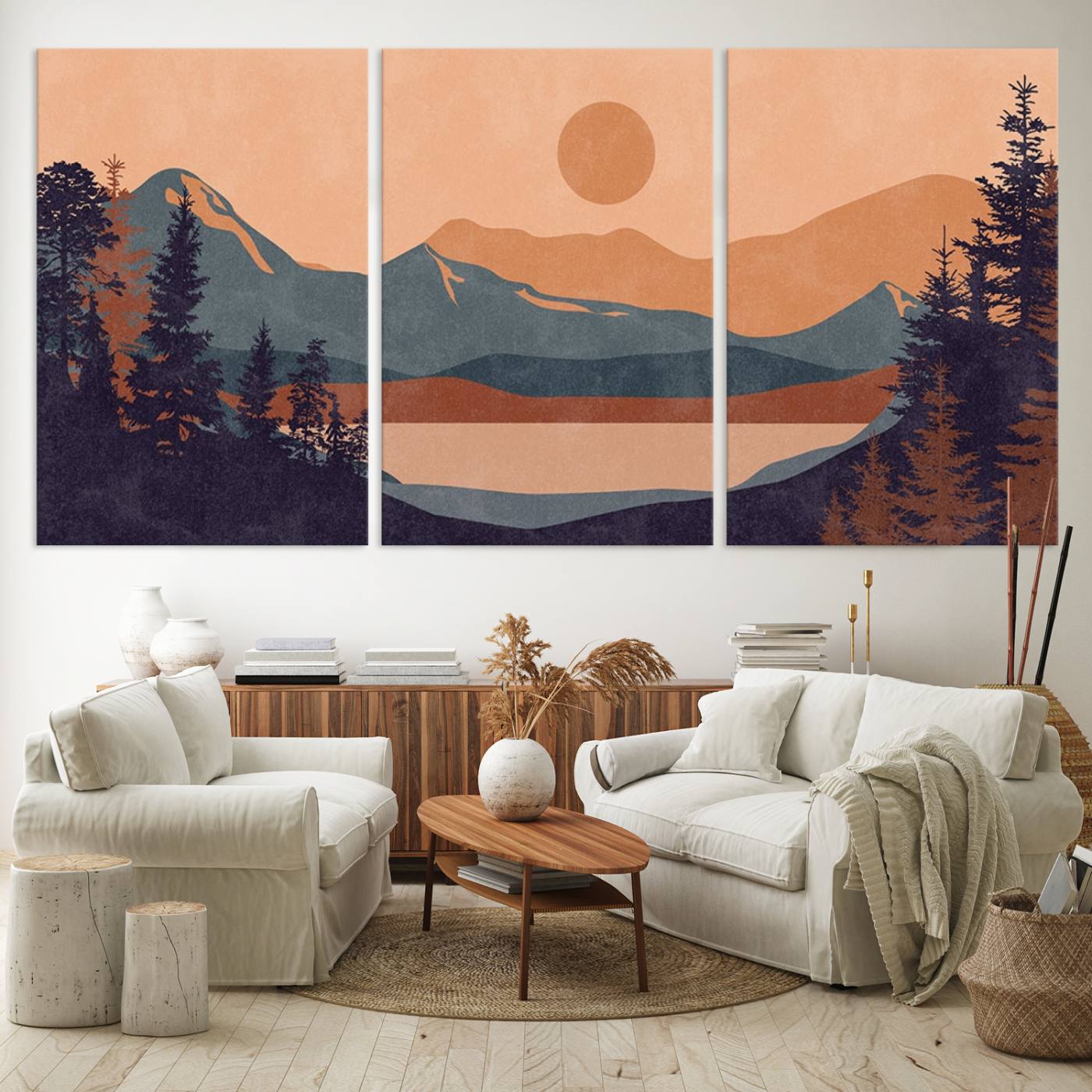 Modern Boho Sunset Canvas Print, Mountain Landscape Triptych – Giclée Canvas Art Print for Living Room, Bohemian Decor, Ready to Hang