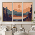 Modern Boho Sunset Canvas Print, Mountain Landscape Triptych – Giclée Canvas Art Print for Living Room, Bohemian Decor, Ready to Hang
