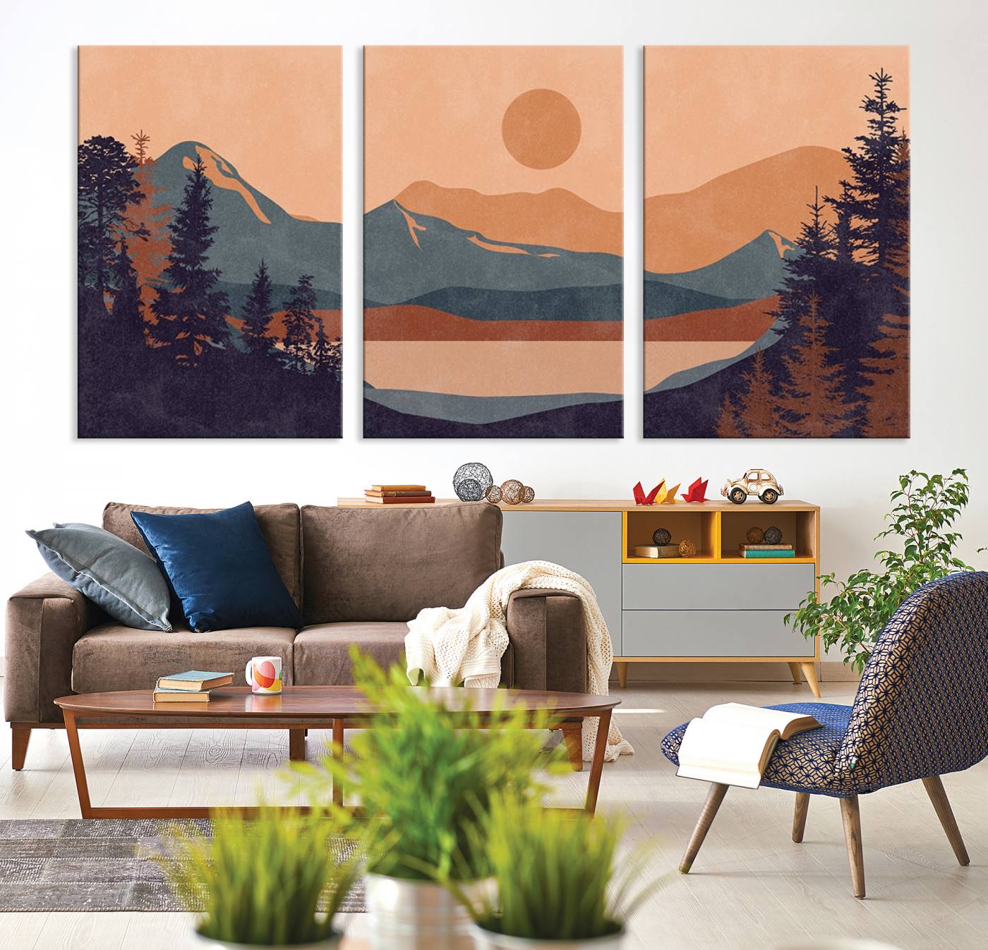 Modern Boho Sunset Canvas Print, Mountain Landscape Triptych – Giclée Canvas Art Print for Living Room, Bohemian Decor, Ready to Hang