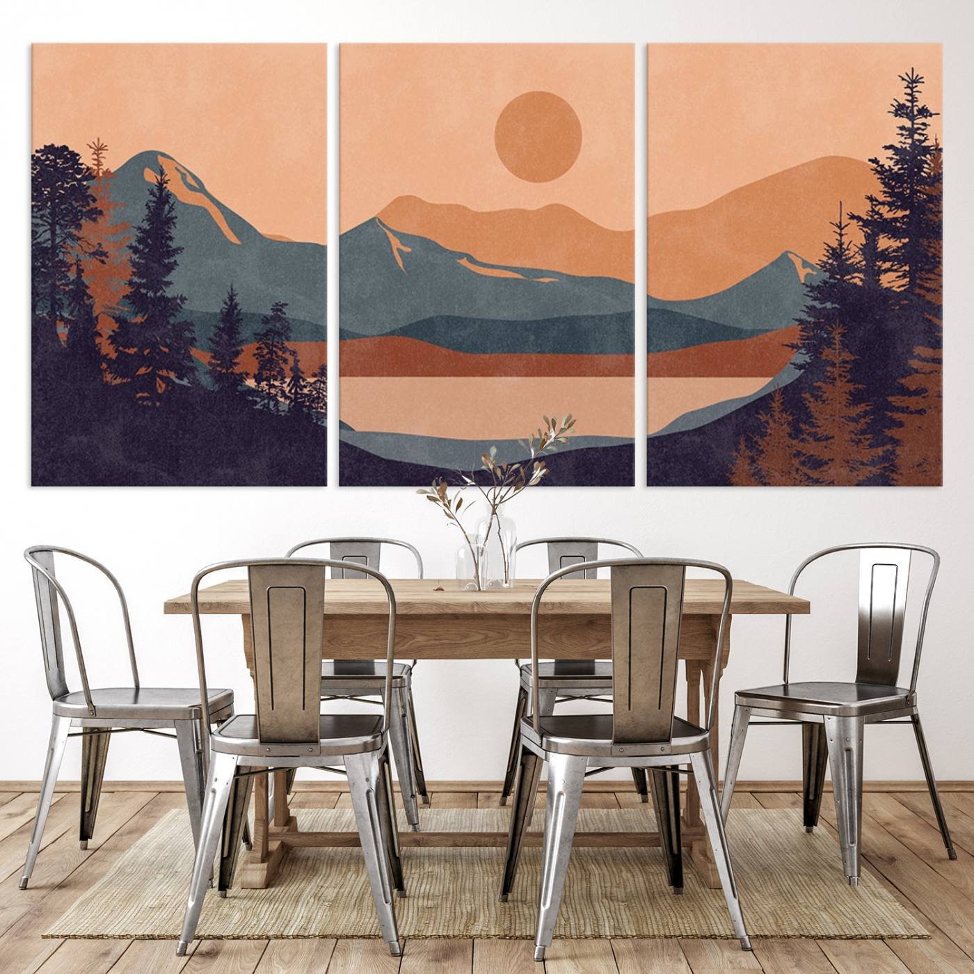 Modern Boho Sunset Canvas Print, Mountain Landscape Triptych – Giclée Canvas Art Print for Living Room, Bohemian Decor, Ready to Hang