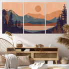 Modern Boho Sunset Canvas Print, Mountain Landscape Triptych – Giclée Canvas Art Print for Living Room, Bohemian Decor, Ready to Hang
