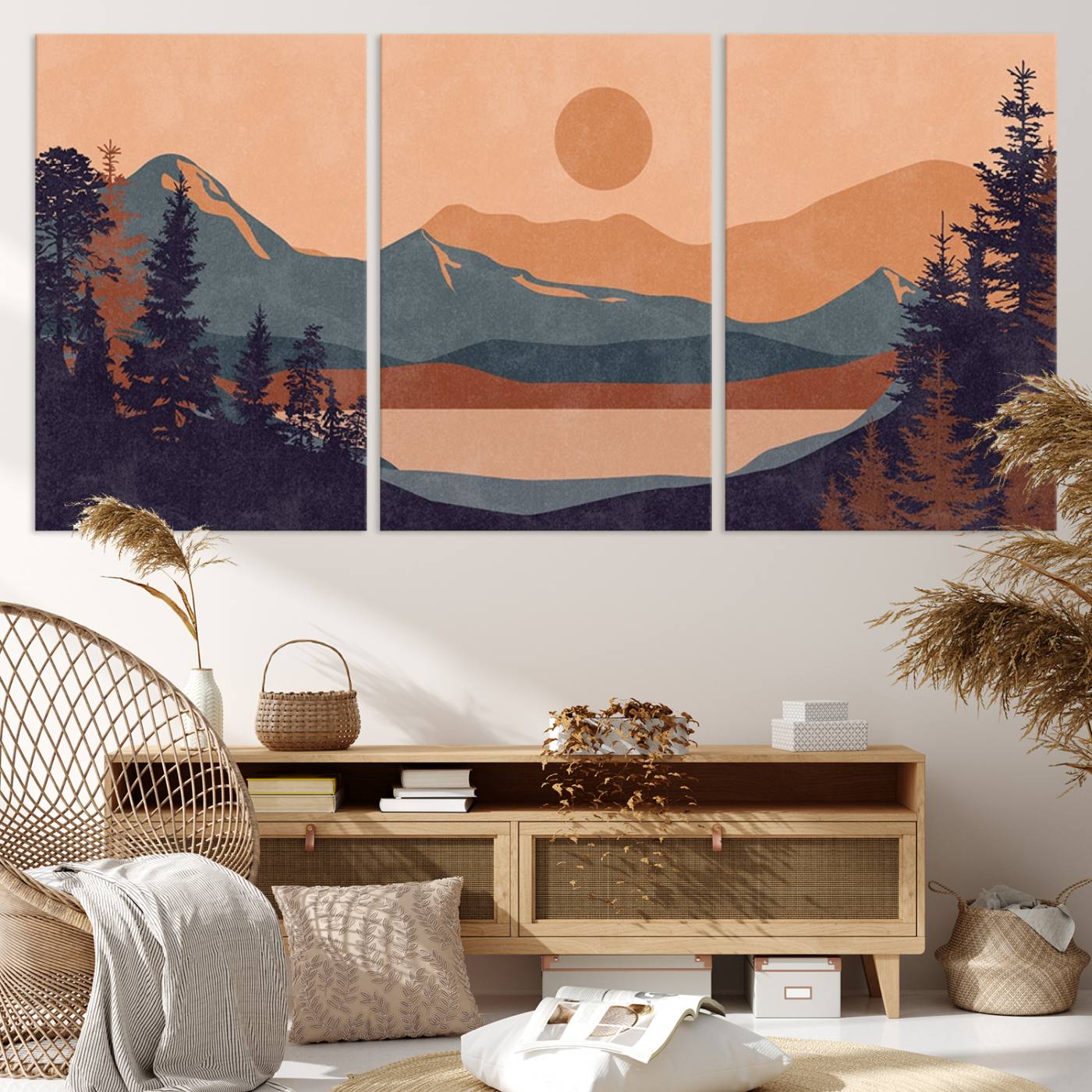 Modern Boho Sunset Canvas Print, Mountain Landscape Triptych – Giclée Canvas Art Print for Living Room, Bohemian Decor, Ready to Hang