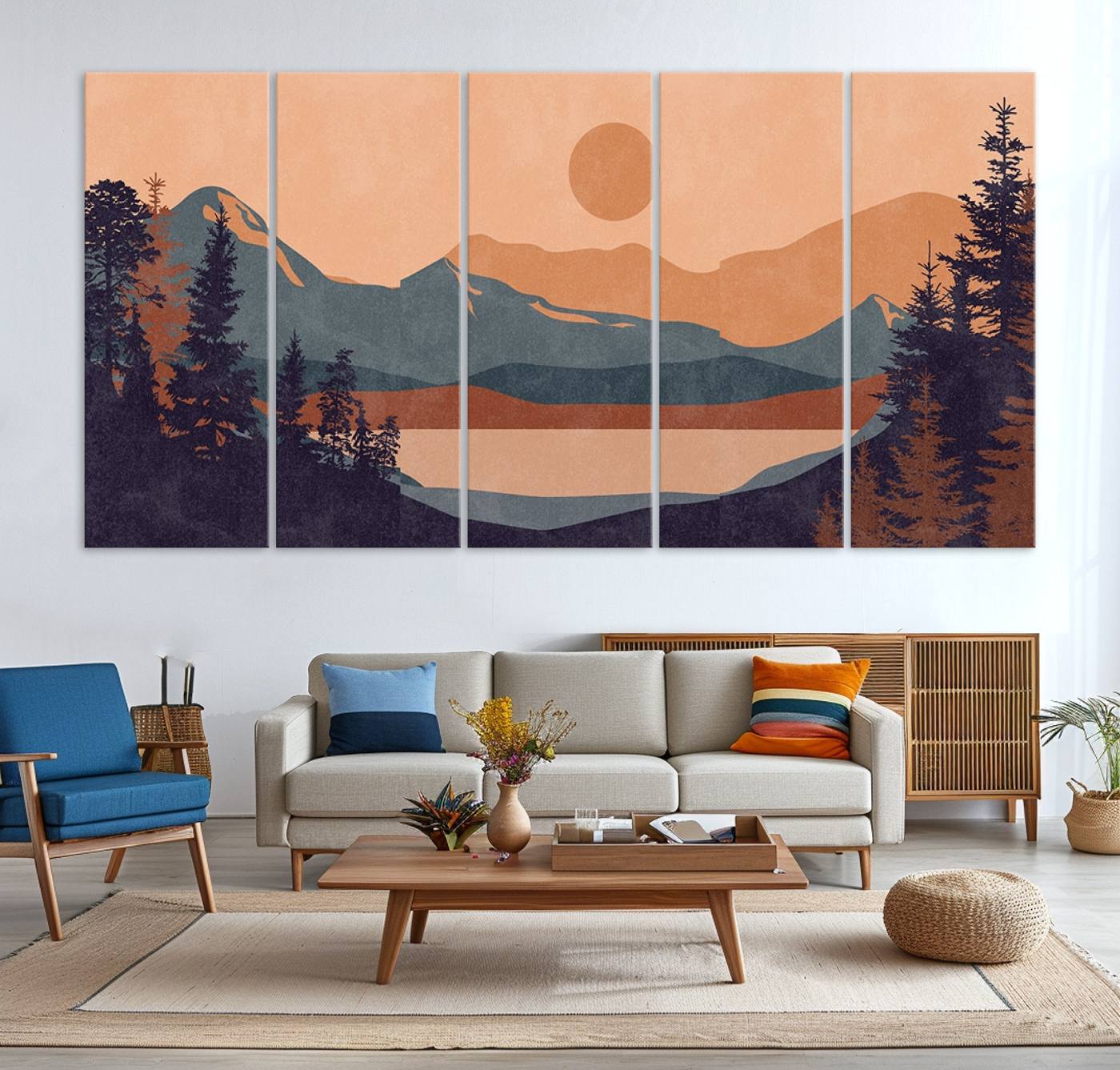 62795-MGV-CV-36X24-Modern Boho Sunset Canvas Print, Mountain Landscape Triptych – Giclée Canvas Art Print for Living Room, Bohemian Decor, Ready to Hang