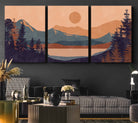 Modern Boho Sunset Canvas Print, Mountain Landscape Triptych – Giclée Canvas Art Print for Living Room, Bohemian Decor, Ready to Hang