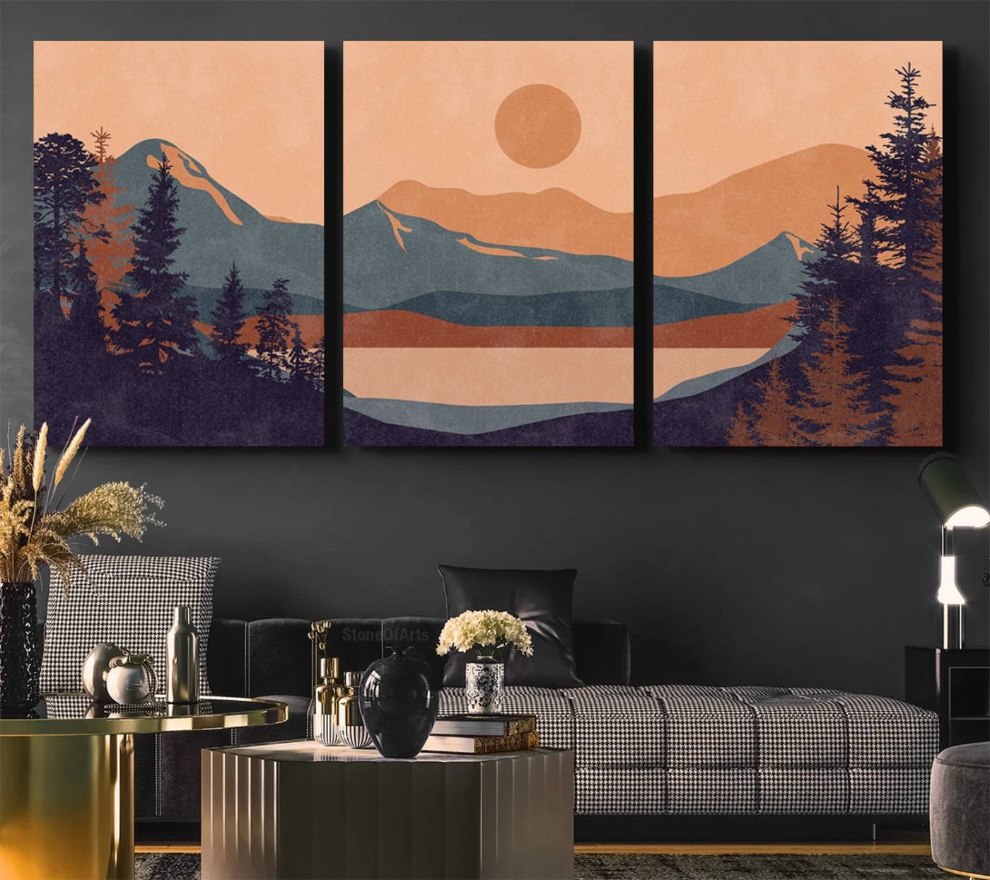 Modern Boho Sunset Canvas Print, Mountain Landscape Triptych – Giclée Canvas Art Print for Living Room, Bohemian Decor, Ready to Hang