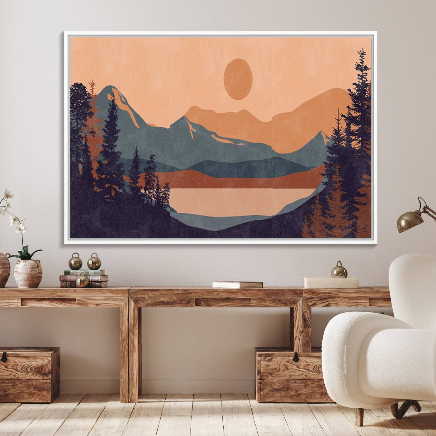 62795-MGV-FC-36X24_White-Modern Boho Sunset Canvas Print, Mountain Landscape Triptych – Giclée Canvas Art Print for Living Room, Bohemian Decor, Ready to Hang
