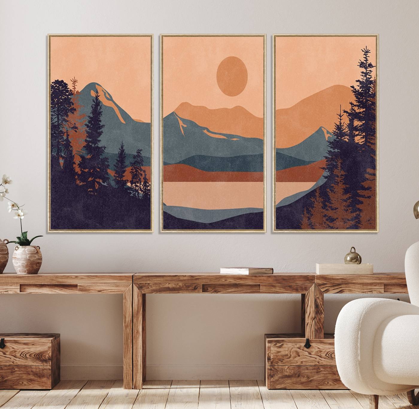 62795-MGV-FC-48X32-3P_Natural-Modern Boho Sunset Canvas Print, Mountain Landscape Triptych – Giclée Canvas Art Print for Living Room, Bohemian Decor, Ready to Hang
