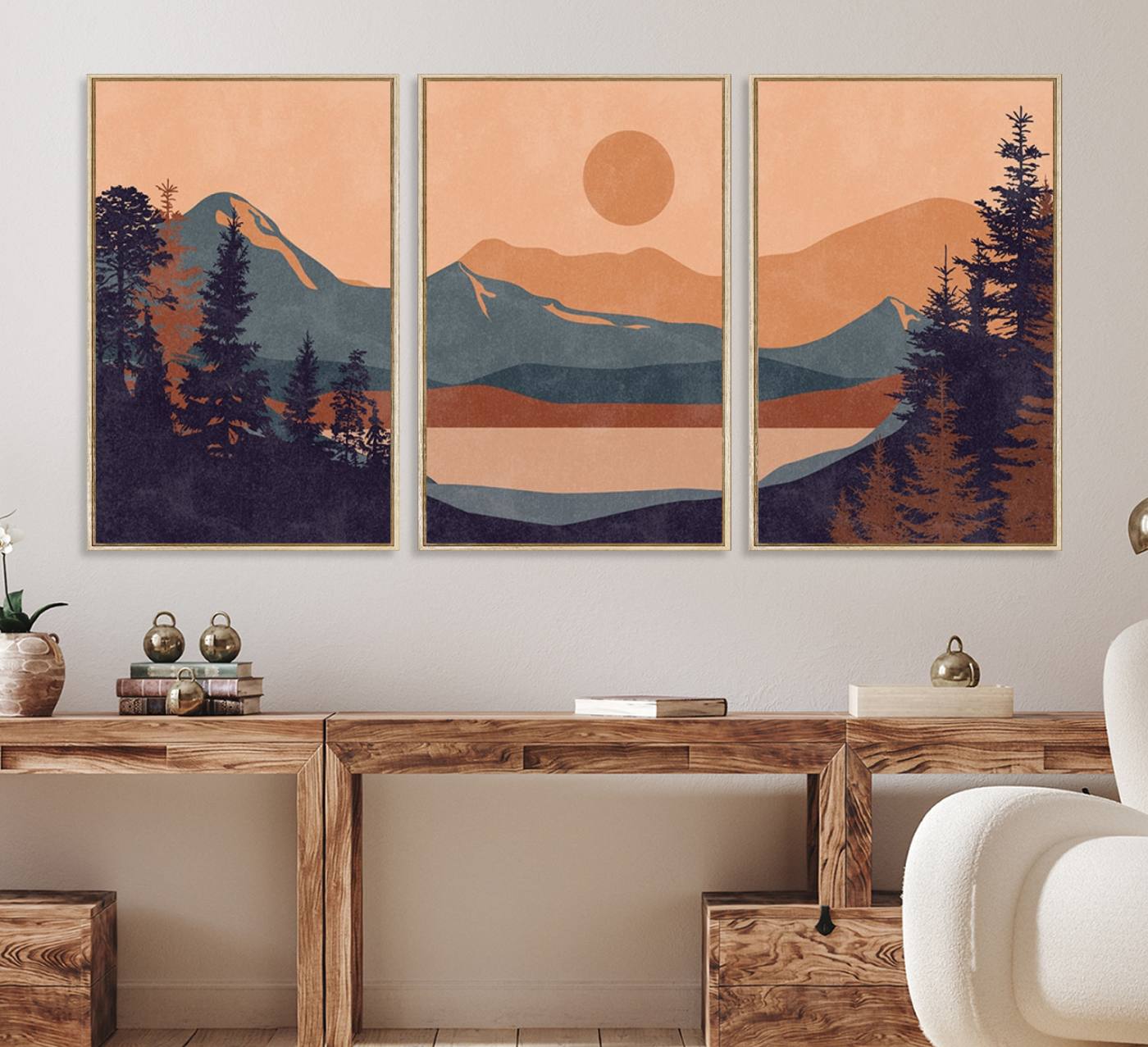 62795-MGV-FC-60X30-3P_Natural-Modern Boho Sunset Canvas Print, Mountain Landscape Triptych – Giclée Canvas Art Print for Living Room, Bohemian Decor, Ready to Hang