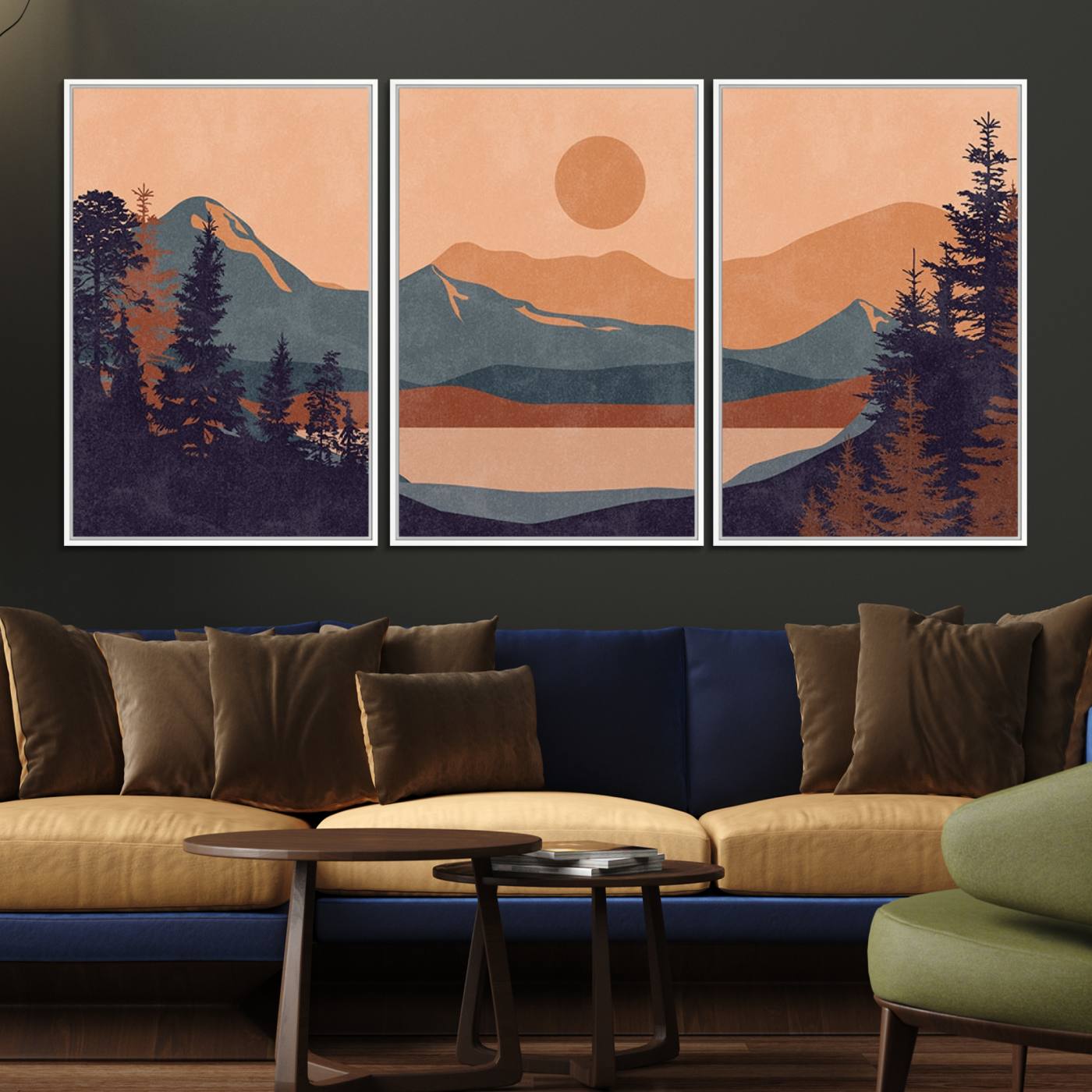 62795-MGV-FC-60X30-3P_White-Modern Boho Sunset Canvas Print, Mountain Landscape Triptych – Giclée Canvas Art Print for Living Room, Bohemian Decor, Ready to Hang