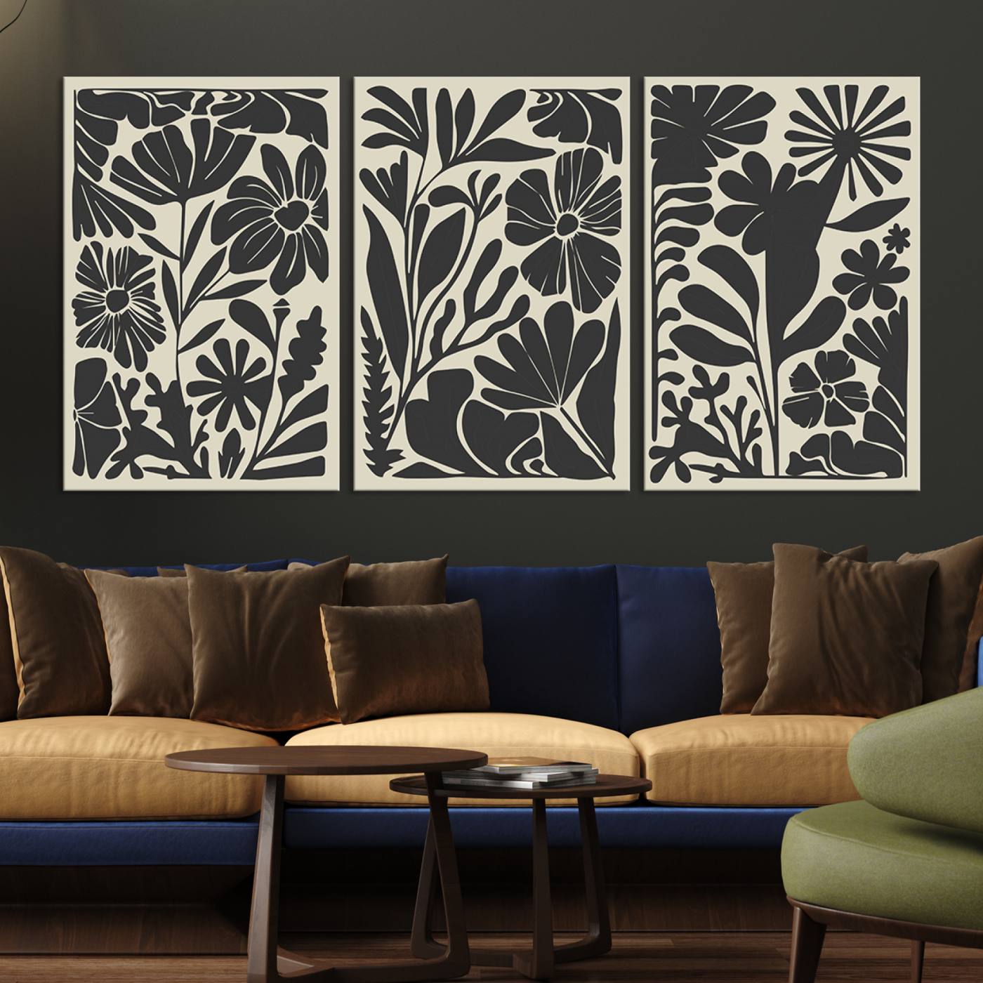 80184-MGV-CV-60X30-3P-Modern Botanical Wall Art - Floral Black and White Canvas Print, Framed, Ready to Hang