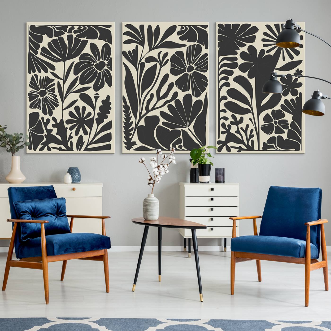 80184-MGV-CV-60X30-3P-Modern Botanical Wall Art - Floral Black and White Canvas Print, Framed, Ready to Hang