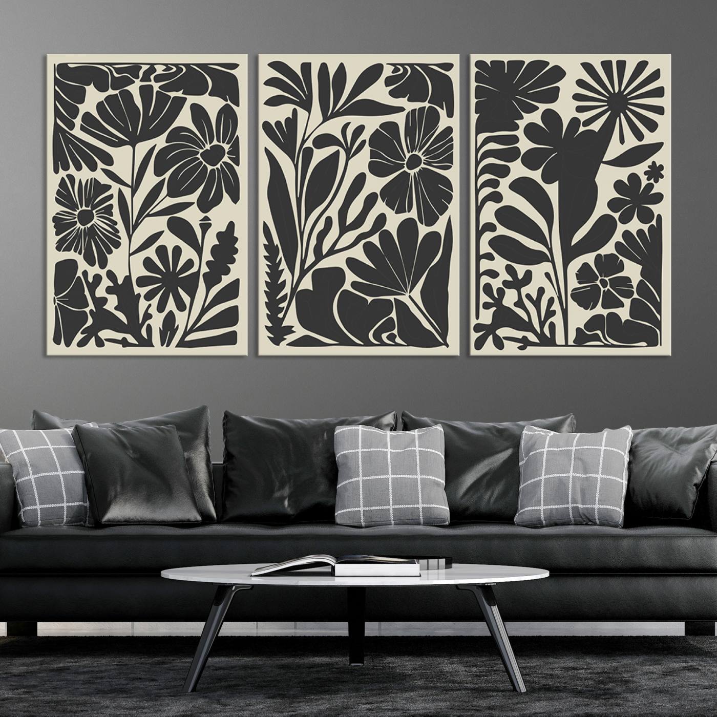 80184-MGV-CV-60X30-3P-Modern Botanical Wall Art - Floral Black and White Canvas Print, Framed, Ready to Hang