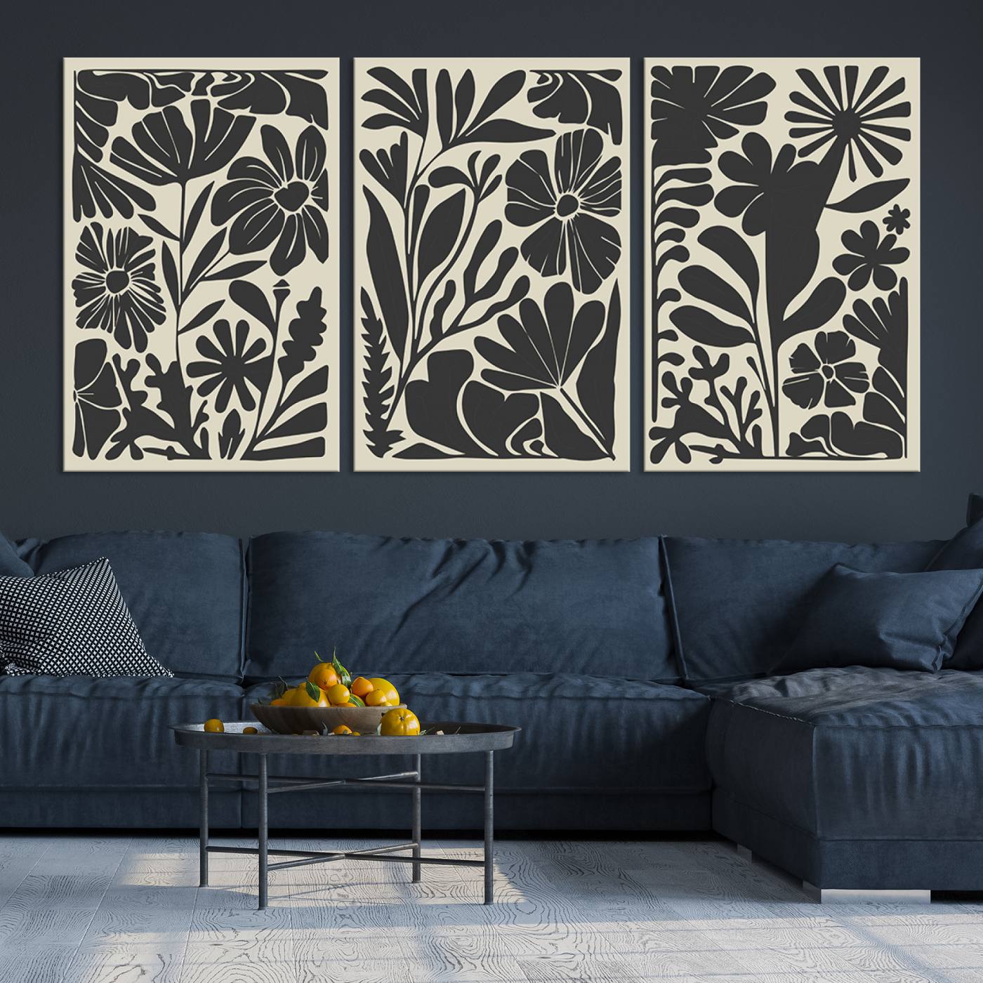 80184-MGV-CV-60X30-3P-Modern Botanical Wall Art - Floral Black and White Canvas Print, Framed, Ready to Hang