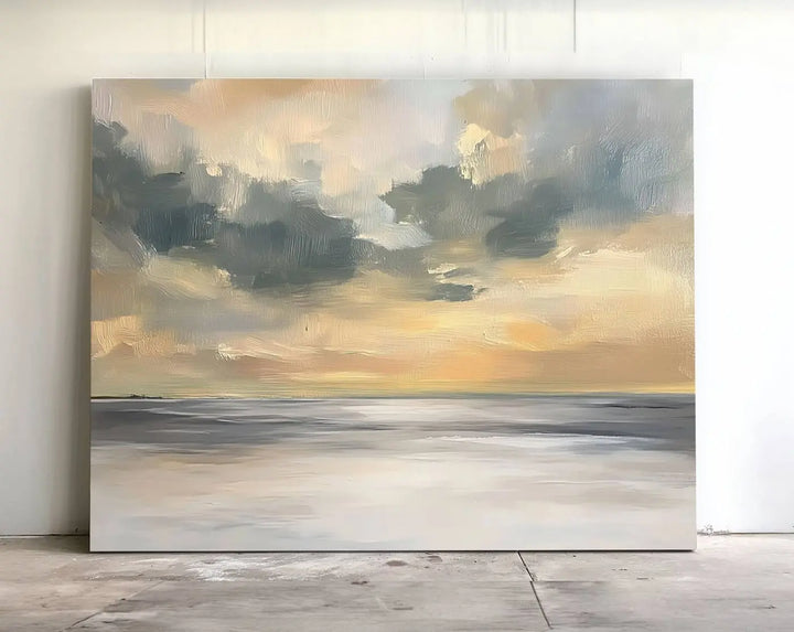 The "Modern Coastal with Vibrant Abstract Ocean Waves" wall art canvas print, capturing a serene seascape at sunset, is displayed prominently.