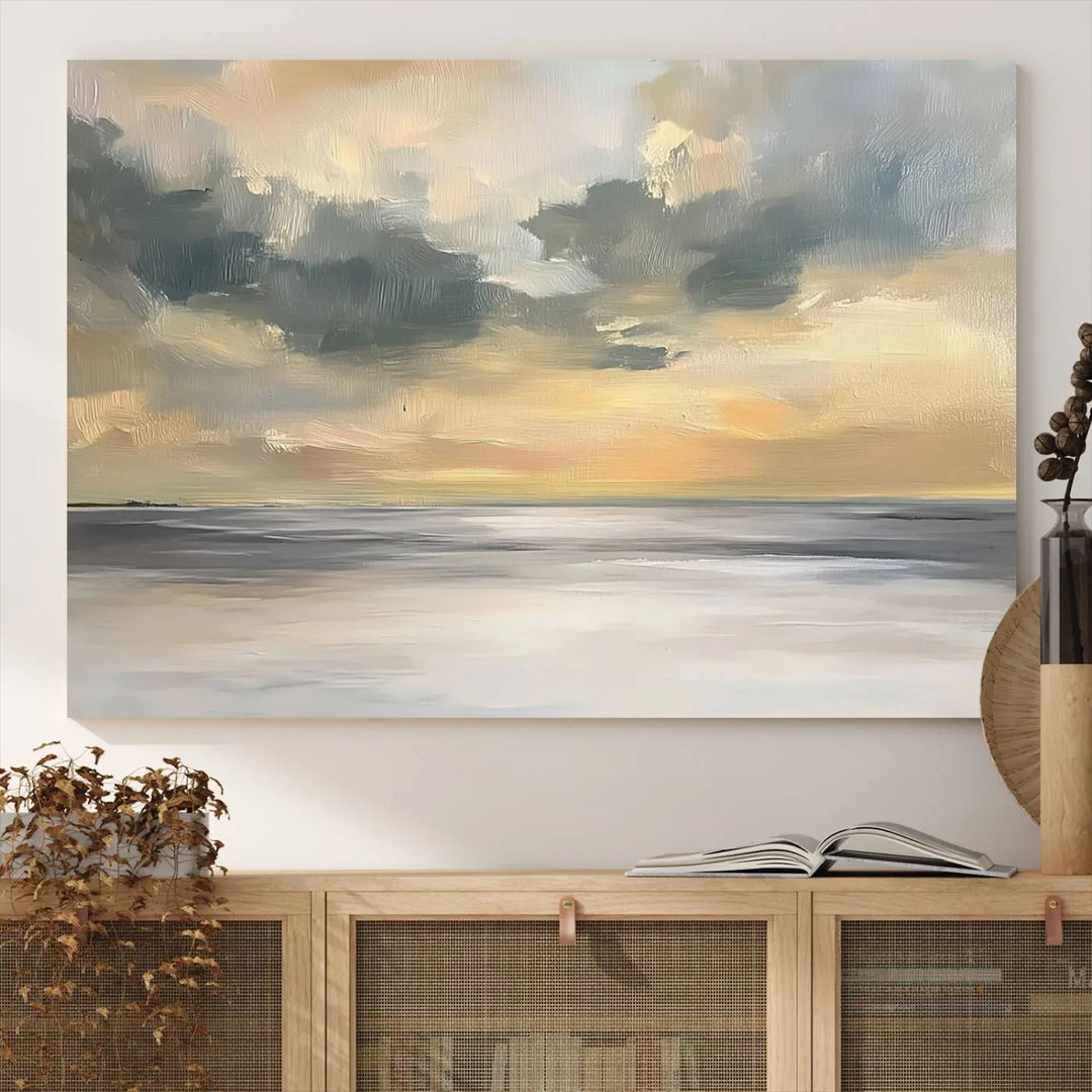 The "Modern Coastal with Vibrant Abstract Ocean Waves" wall art canvas print, capturing a serene seascape at sunset, is displayed prominently.