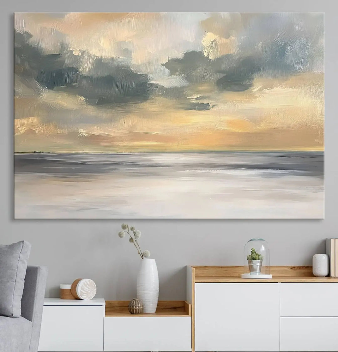 The "Modern Coastal with Vibrant Abstract Ocean Waves" wall art canvas print, capturing a serene seascape at sunset, is displayed prominently.