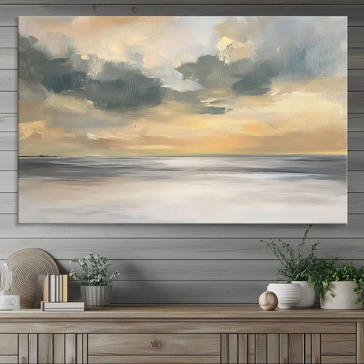 The "Modern Coastal with Vibrant Abstract Ocean Waves" wall art canvas print, capturing a serene seascape at sunset, is displayed prominently.