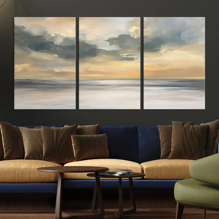 The "Modern Coastal with Vibrant Abstract Ocean Waves" wall art canvas print, capturing a serene seascape at sunset, is displayed prominently.