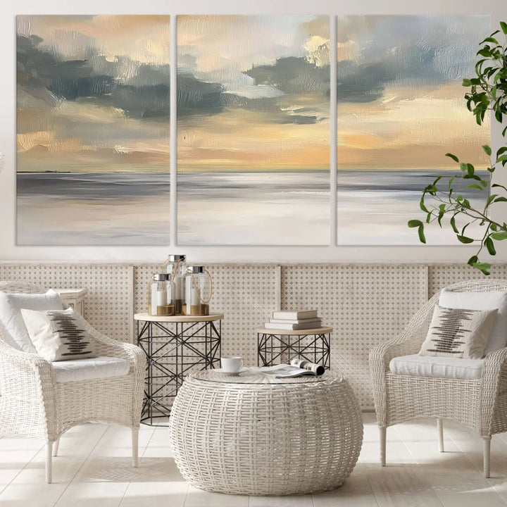 The "Modern Coastal with Vibrant Abstract Ocean Waves" wall art canvas print, capturing a serene seascape at sunset, is displayed prominently.