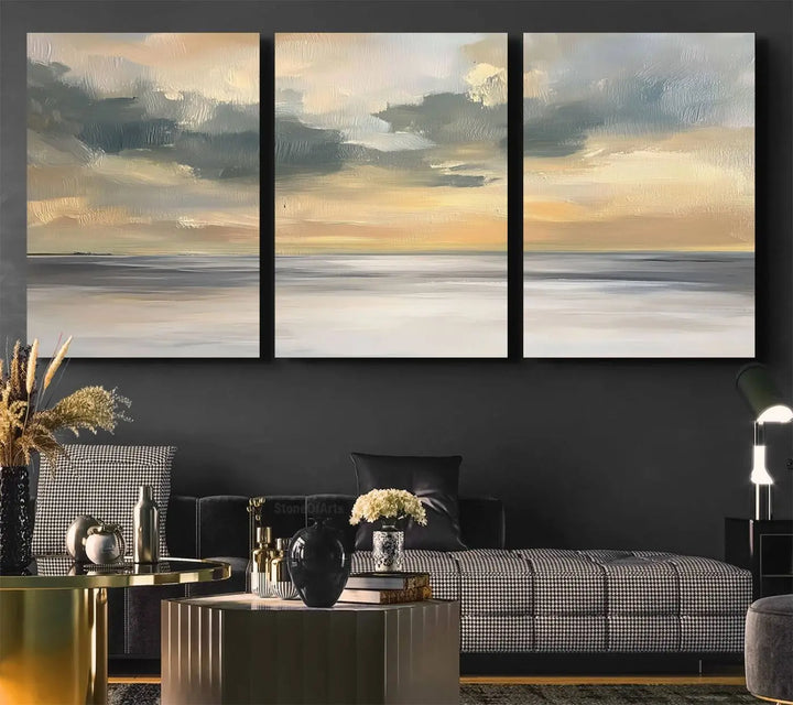 The "Modern Coastal with Vibrant Abstract Ocean Waves" wall art canvas print, capturing a serene seascape at sunset, is displayed prominently.