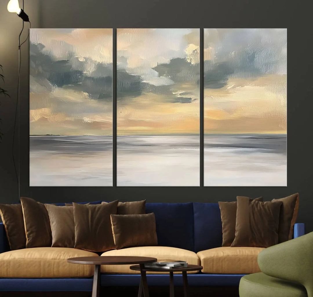 The "Modern Coastal with Vibrant Abstract Ocean Waves" wall art canvas print, capturing a serene seascape at sunset, is displayed prominently.