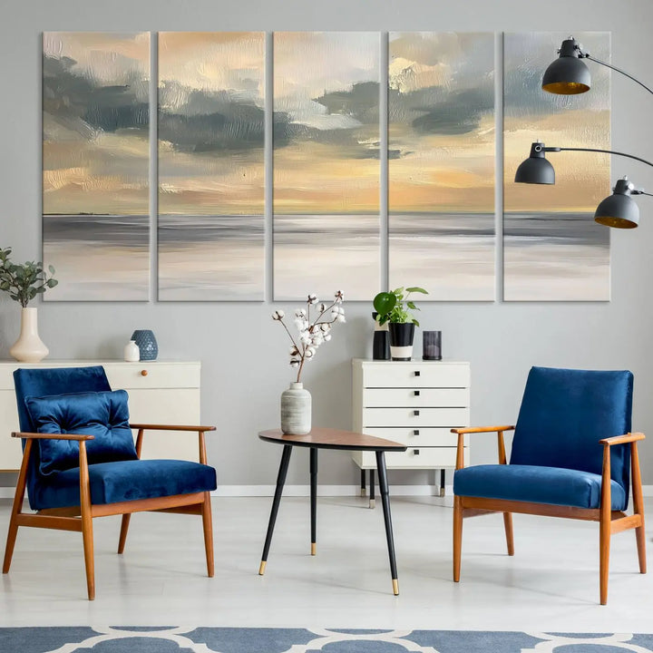 The "Modern Coastal with Vibrant Abstract Ocean Waves" wall art canvas print, capturing a serene seascape at sunset, is displayed prominently.