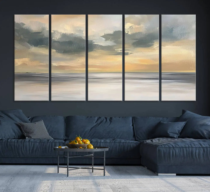 The "Modern Coastal with Vibrant Abstract Ocean Waves" wall art canvas print, capturing a serene seascape at sunset, is displayed prominently.