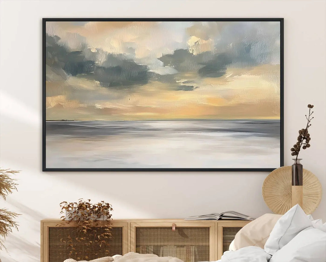 The "Modern Coastal with Vibrant Abstract Ocean Waves" wall art canvas print, capturing a serene seascape at sunset, is displayed prominently.