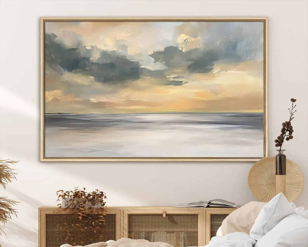 The "Modern Coastal with Vibrant Abstract Ocean Waves" wall art canvas print, capturing a serene seascape at sunset, is displayed prominently.