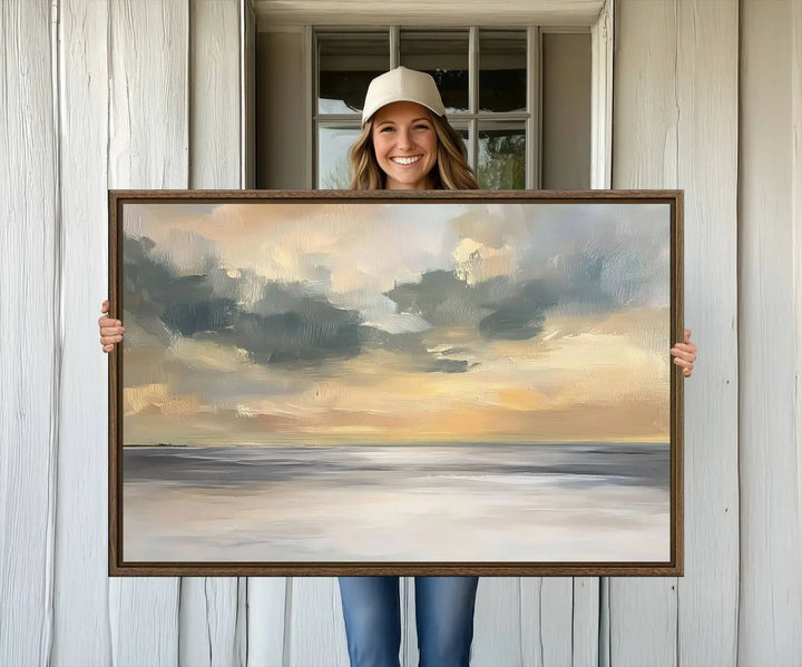 The "Modern Coastal with Vibrant Abstract Ocean Waves" wall art canvas print, capturing a serene seascape at sunset, is displayed prominently.