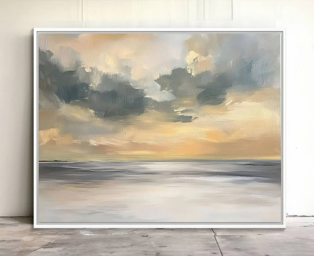 The "Modern Coastal with Vibrant Abstract Ocean Waves" wall art canvas print, capturing a serene seascape at sunset, is displayed prominently.