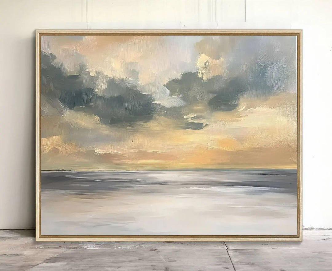 The "Modern Coastal with Vibrant Abstract Ocean Waves" wall art canvas print, capturing a serene seascape at sunset, is displayed prominently.