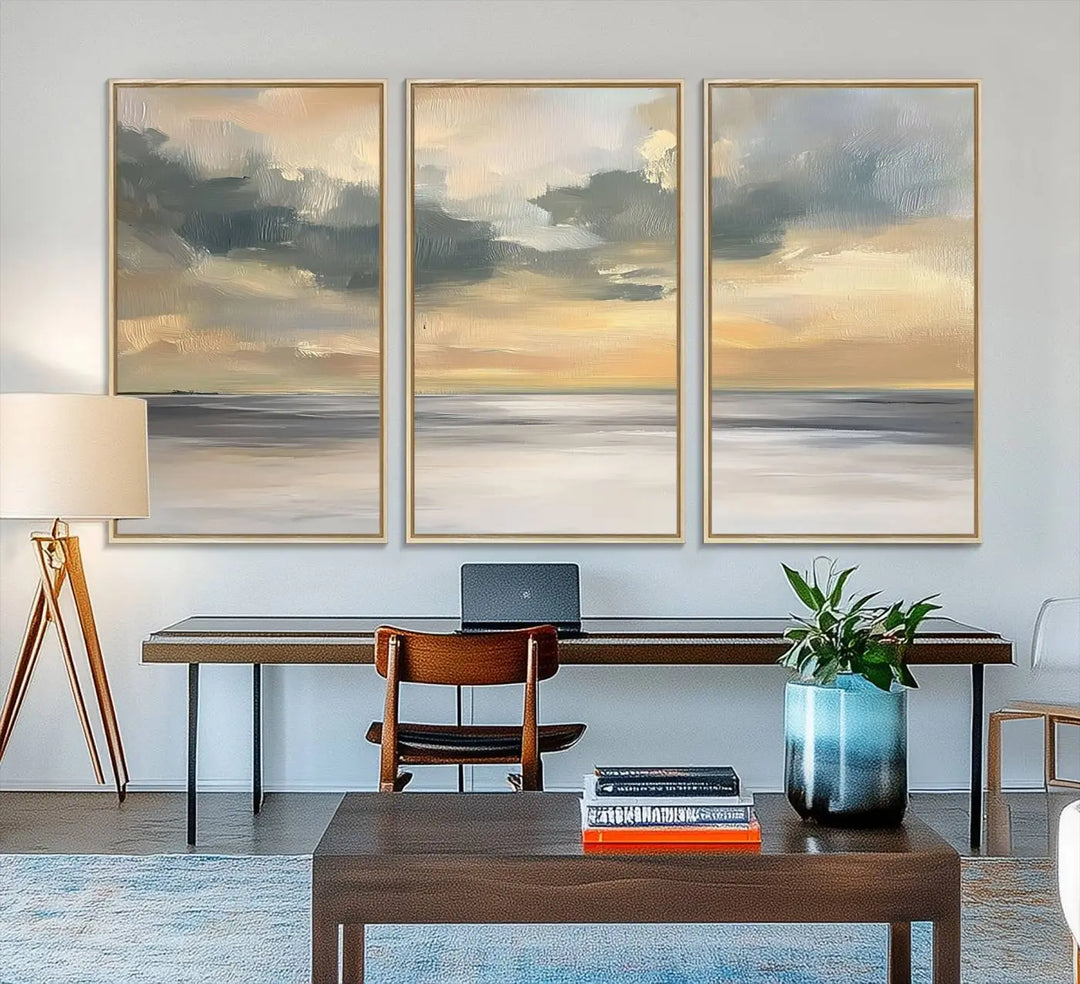 The "Modern Coastal with Vibrant Abstract Ocean Waves" wall art canvas print, capturing a serene seascape at sunset, is displayed prominently.