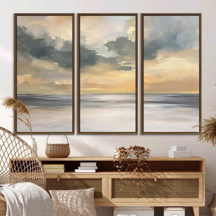 The "Modern Coastal with Vibrant Abstract Ocean Waves" wall art canvas print, capturing a serene seascape at sunset, is displayed prominently.