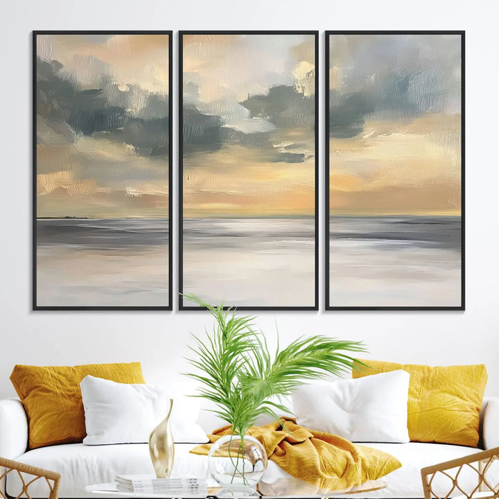 The "Modern Coastal with Vibrant Abstract Ocean Waves" wall art canvas print, capturing a serene seascape at sunset, is displayed prominently.