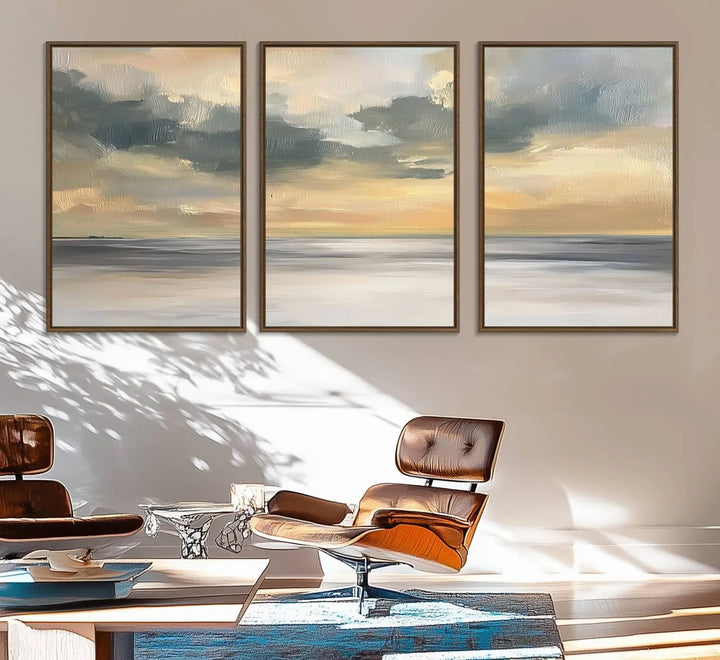 The "Modern Coastal with Vibrant Abstract Ocean Waves" wall art canvas print, capturing a serene seascape at sunset, is displayed prominently.