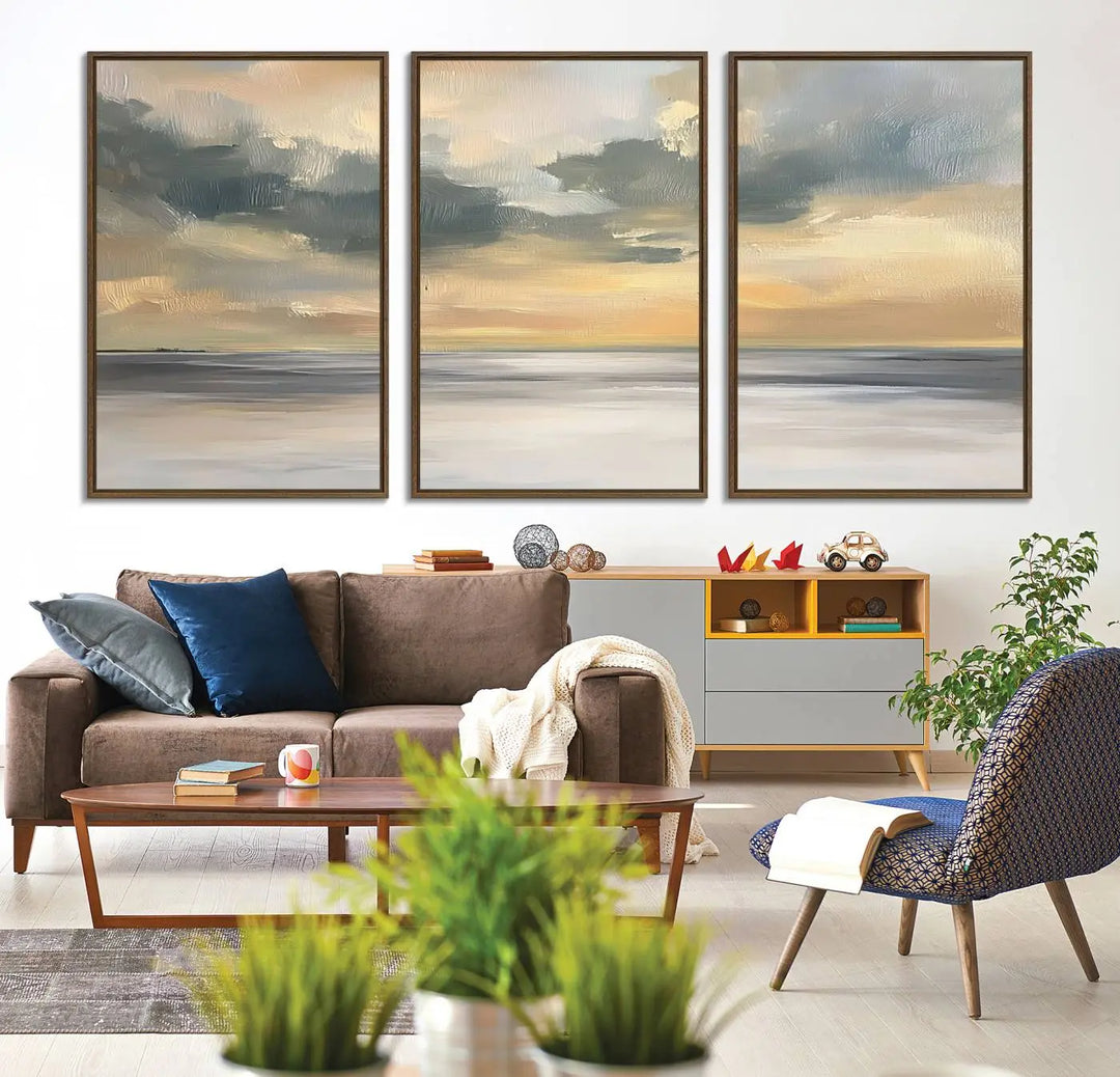 The "Modern Coastal with Vibrant Abstract Ocean Waves" wall art canvas print, capturing a serene seascape at sunset, is displayed prominently.