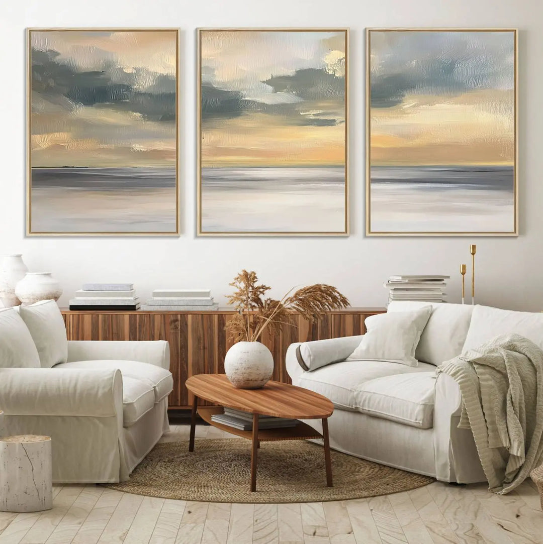 The "Modern Coastal with Vibrant Abstract Ocean Waves" wall art canvas print, capturing a serene seascape at sunset, is displayed prominently.