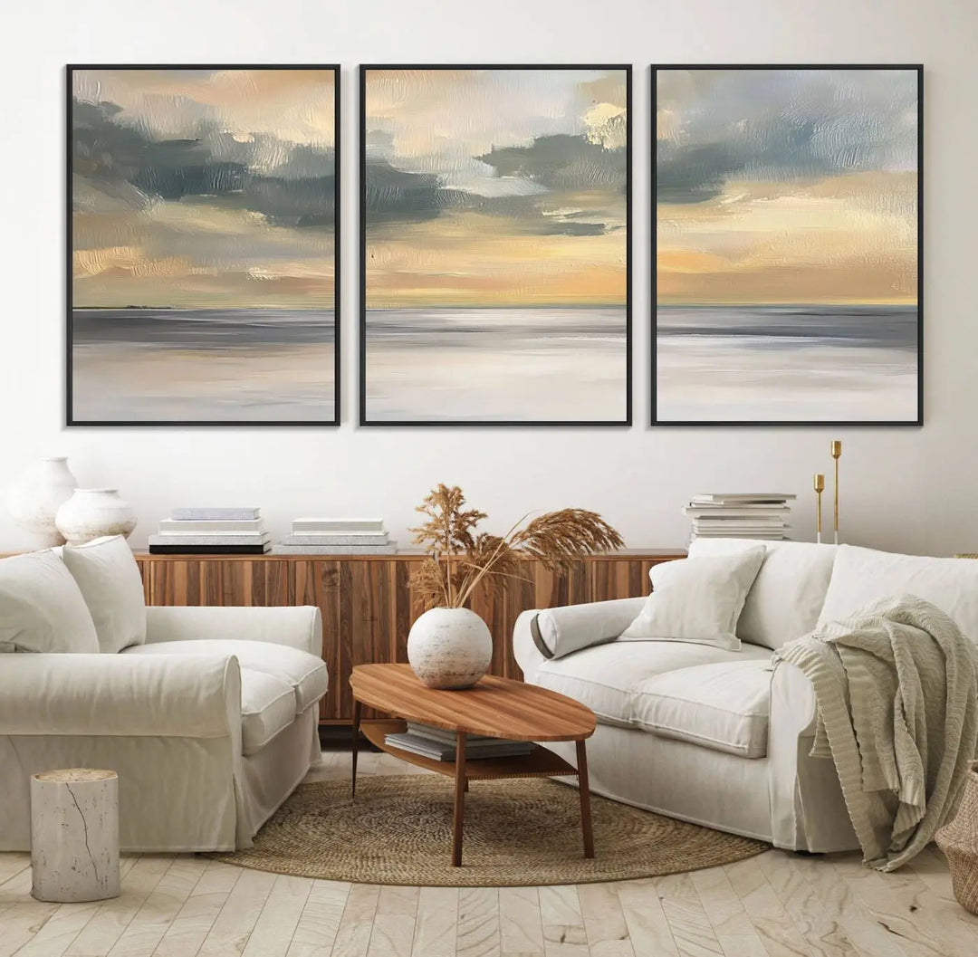 The "Modern Coastal with Vibrant Abstract Ocean Waves" wall art canvas print, capturing a serene seascape at sunset, is displayed prominently.