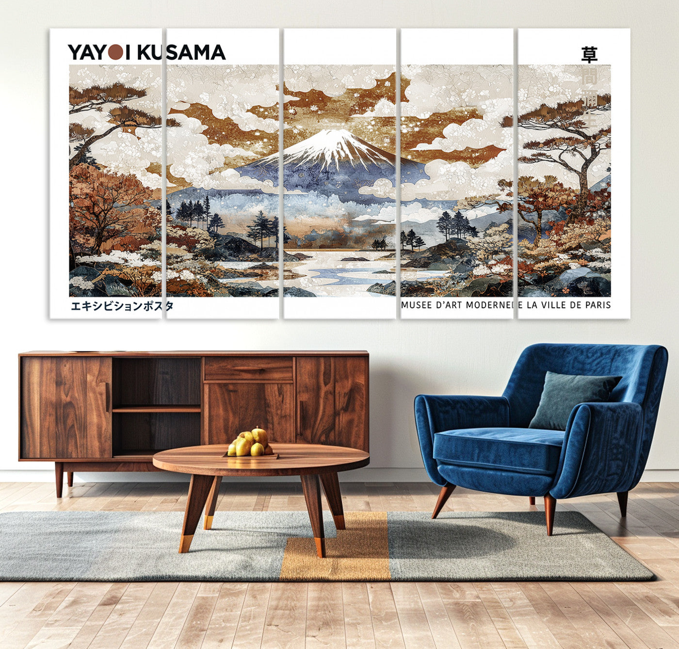 80111817-MGV-CV-36X24-Modern Japanese Mount Fuji Canvas Print, Yayoi Kusama Canvas Wall Art, Abstract Mount Fuji Canvas Print, Japanese Landscape Art Printing