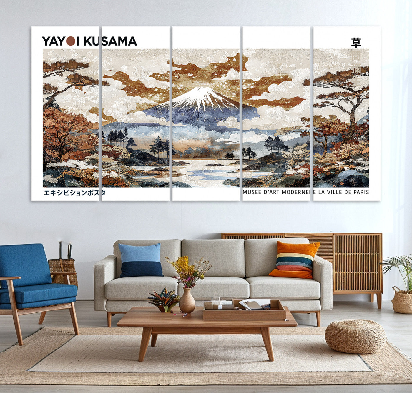 80111817-MGV-CV-36X24-Modern Japanese Mount Fuji Canvas Print, Yayoi Kusama Canvas Wall Art, Abstract Mount Fuji Canvas Print, Japanese Landscape Art Printing
