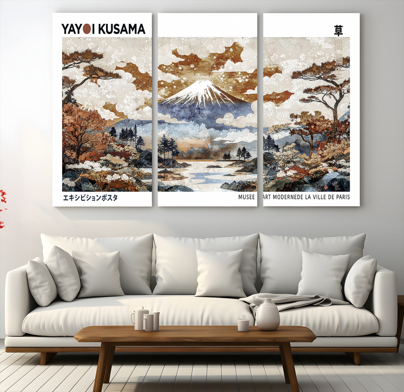 80111817-MGV-CV-48X32-3P-Modern Japanese Mount Fuji Canvas Print, Yayoi Kusama Canvas Wall Art, Abstract Mount Fuji Canvas Print, Japanese Landscape Art Printing