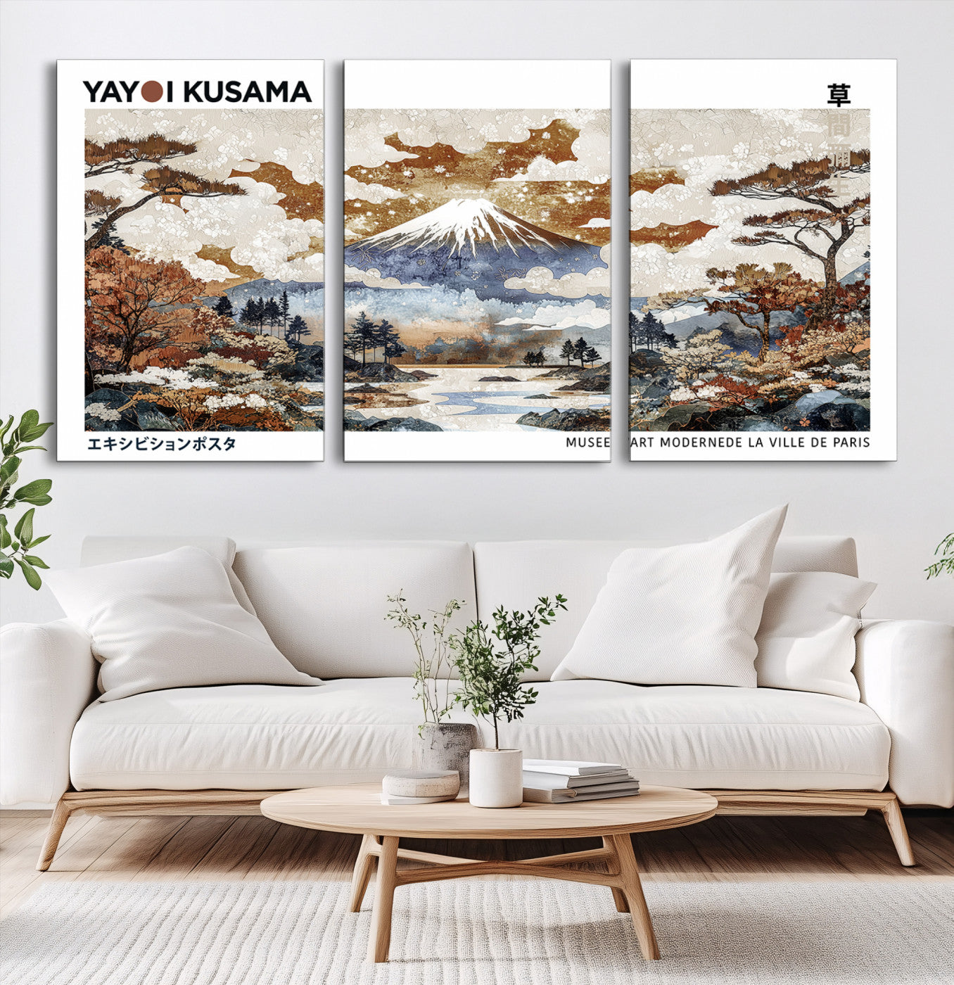 80111817-MGV-CV-60X30-3P-Modern Japanese Mount Fuji Canvas Print, Yayoi Kusama Canvas Wall Art, Abstract Mount Fuji Canvas Print, Japanese Landscape Art Printing
